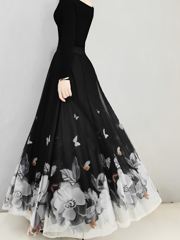 Floral & Butterfly Print High Waist Skirt, Elegant Ruffle Hem Flowy Maxi Skirt, Women's Clothing