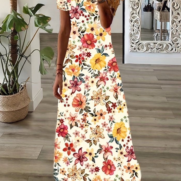 Plus Size Casual Dress, Women's Plus Floral Print Short Sleeve V Neck Medium Stretch Maxi Dress