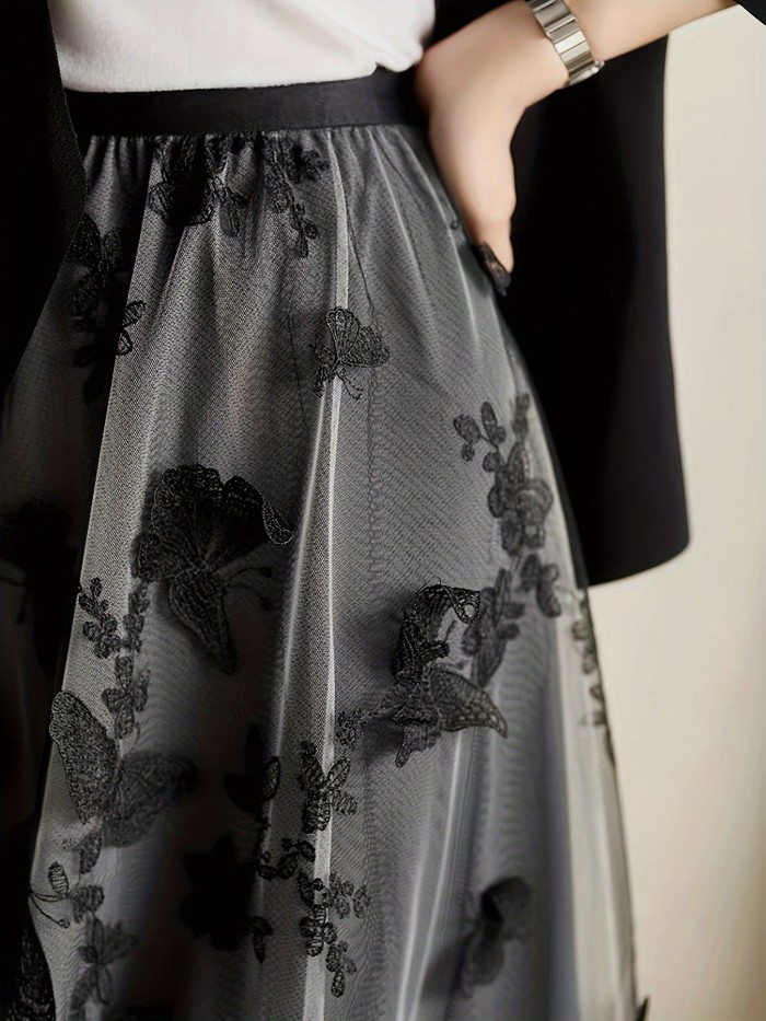 Butterfly Embroidered Tiered Mesh Skirt, Elegant High Waist Ruffle Hem Midi Skirt, Women's Clothing