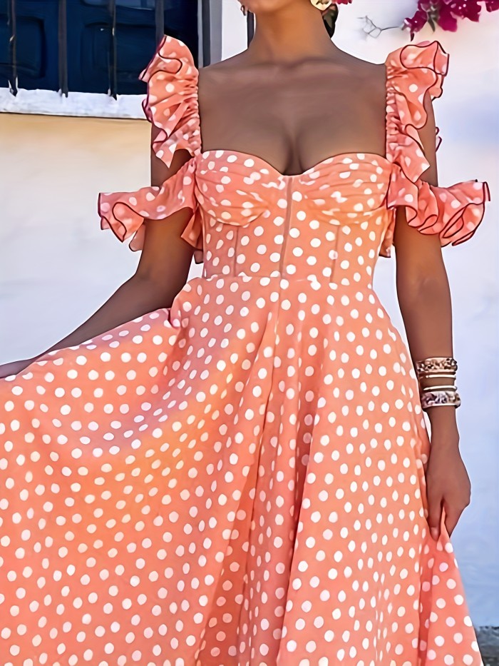 Polka Dot Print Ruffle Hem Dress, Party Wear Backless Cold Shoulder Maxi Dress, Women's Clothing