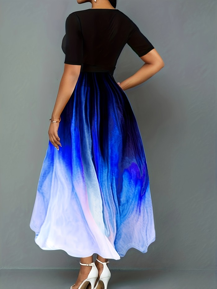 Plus Size Casual Dress, Women's Plus Colorblock Random Print Half Sleeve Surplice Neck Slight Stretch Maxi Dress