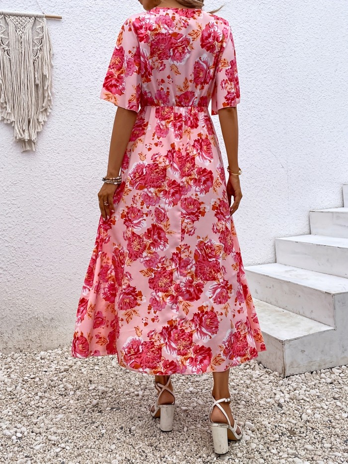 Floral Print Surplice Neck Dress, Vacation High Waist Short Sleeve Maxi Dress, Women's Clothing