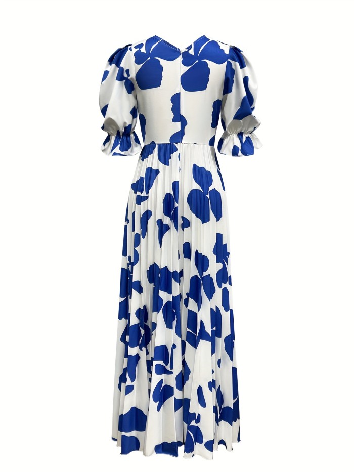 Allover Print Pleated A-line Dress, Twist Front Elegant 3\u002F4 Sleeve Dress, Women's Clothing