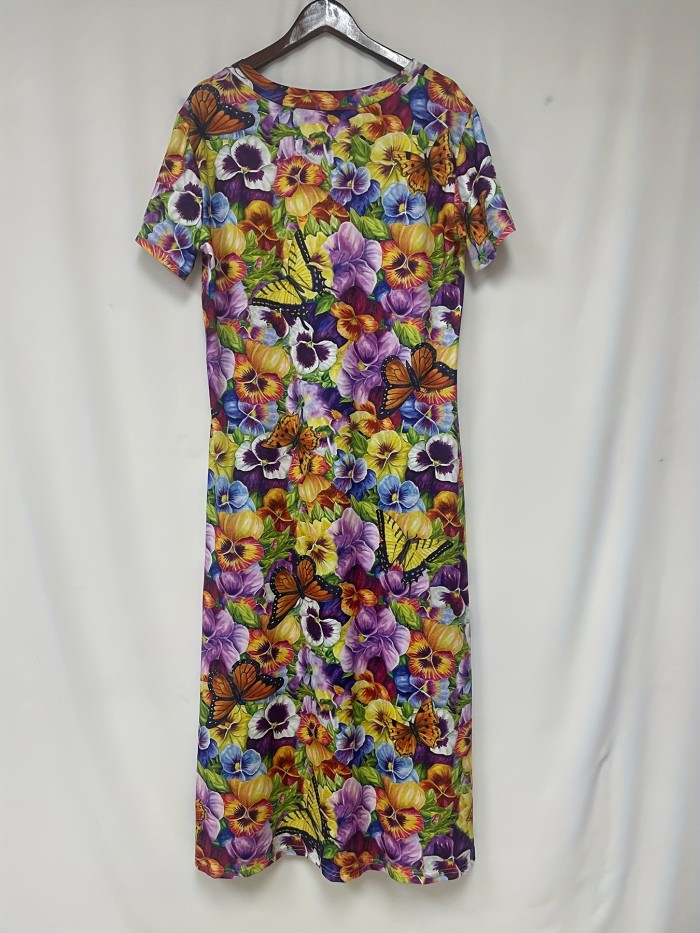 Plus Size Colorblock Floral Print Dress, Casual V Neck Short Sleeve Midi Dress, Women's Plus Size Clothing