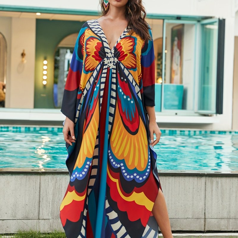 Plus Size Elegant Kaftan Dress, Women's Plus Allover Print Batwing Sleeve V Neck Side Split Maxi Jalabiya Dress