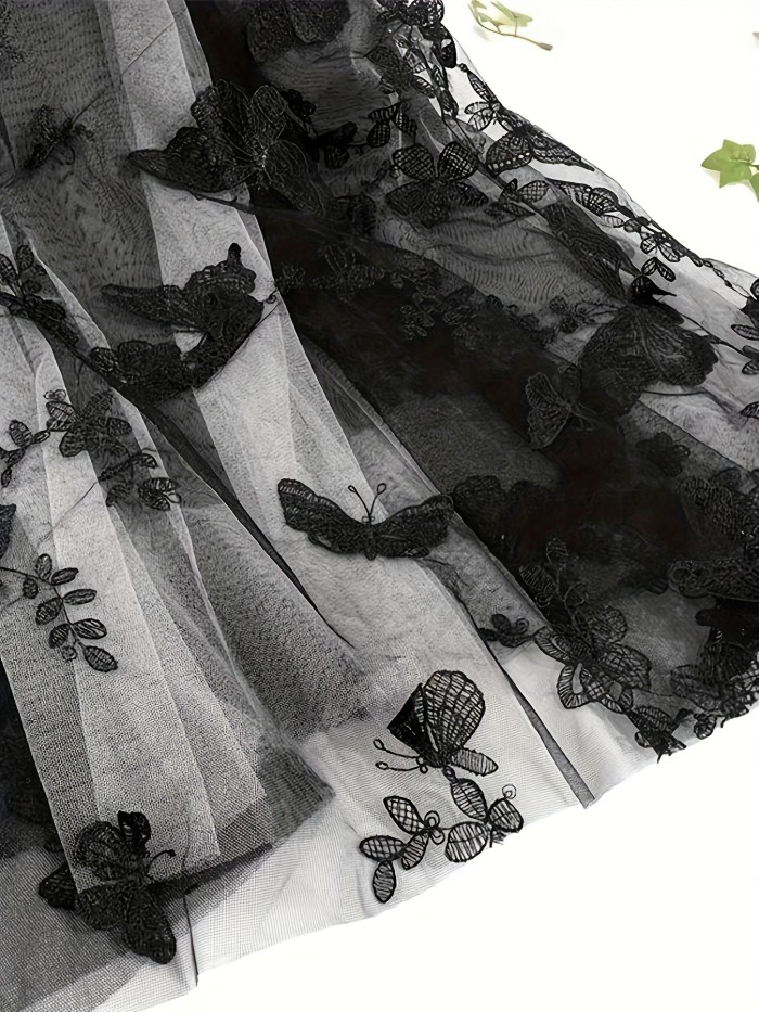 Butterfly Embroidered Tiered Mesh Skirt, Elegant High Waist Ruffle Hem Midi Skirt, Women's Clothing