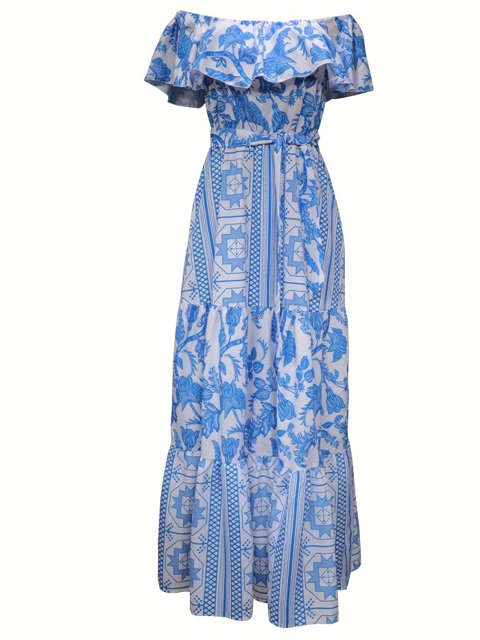 Ethnic Print Ruffle Dress, Boho Off Shoulder Short Sleeve Maxi Dress, Women's Clothing