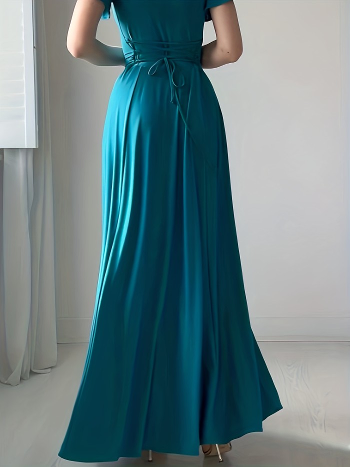 Plus Size Elegant Dress, Women's Plus Solid Ruffle Sleeve V Neck Lace Up Back Medium Stretch Maxi Party Dress