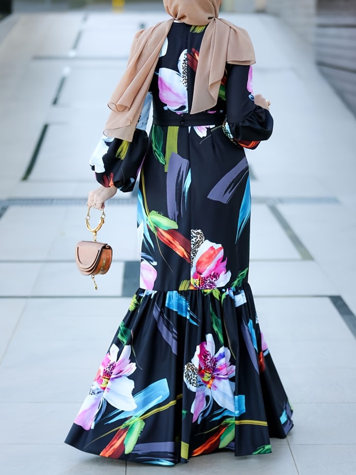 Floral Print Ruffle Hem Dress, Elegant Lantern Sleeve Maxi Dress For Spring & Fall, Women's Clothing