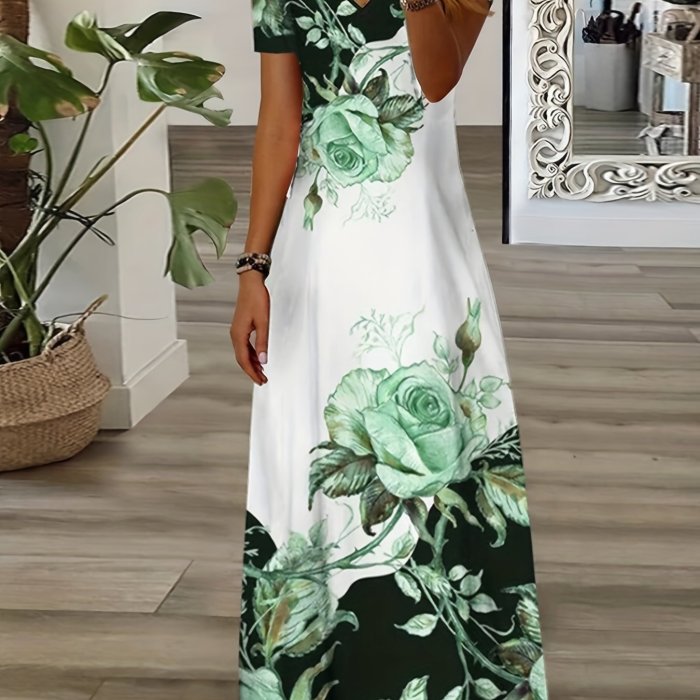 Plus Size Casual Dress, Women's Plus Floral Print Short Sleeve V Neck Medium Stretch Maxi Dress