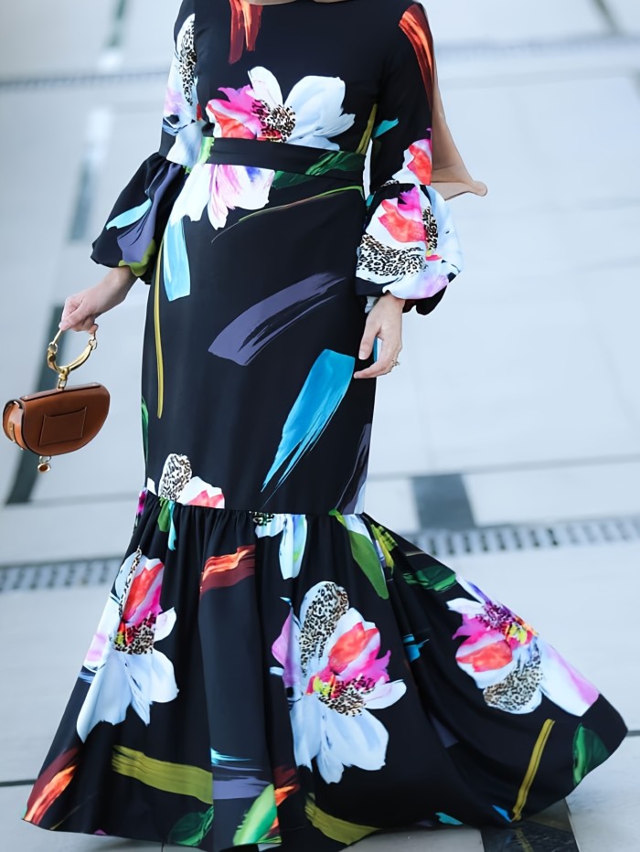 Floral Print Ruffle Hem Dress, Elegant Lantern Sleeve Maxi Dress For Spring & Fall, Women's Clothing