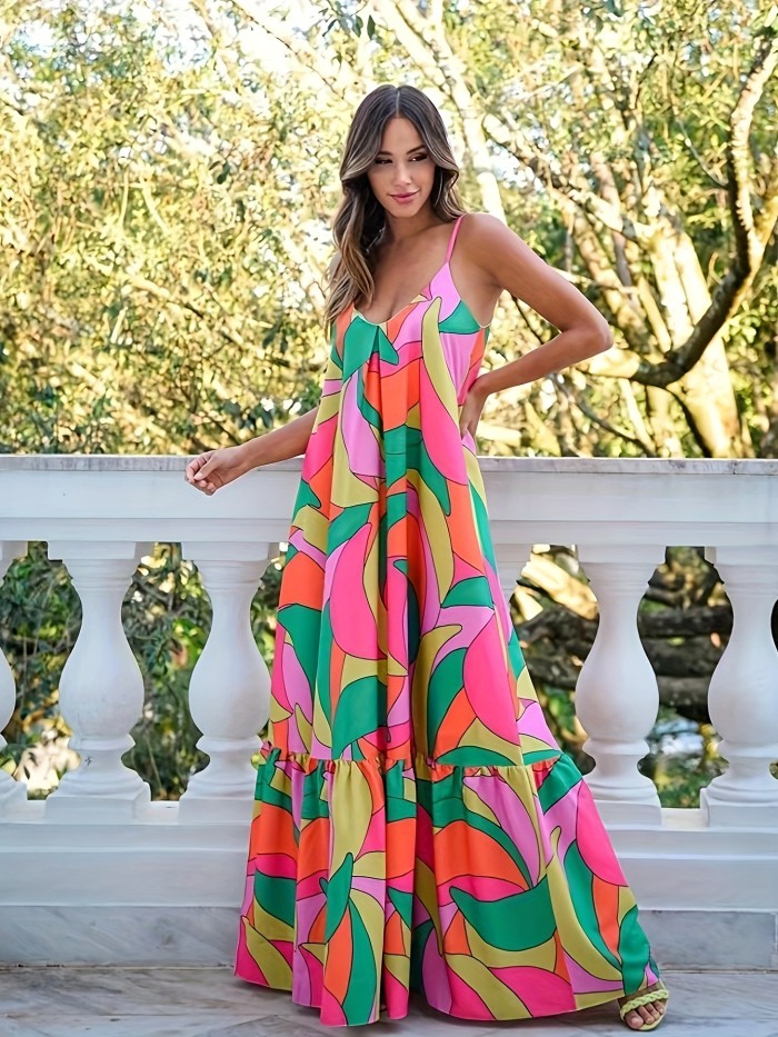 Allover Print Maxi Dress, Boho Spaghetti Strap Loose Sleeveless Dress, Women's Clothing
