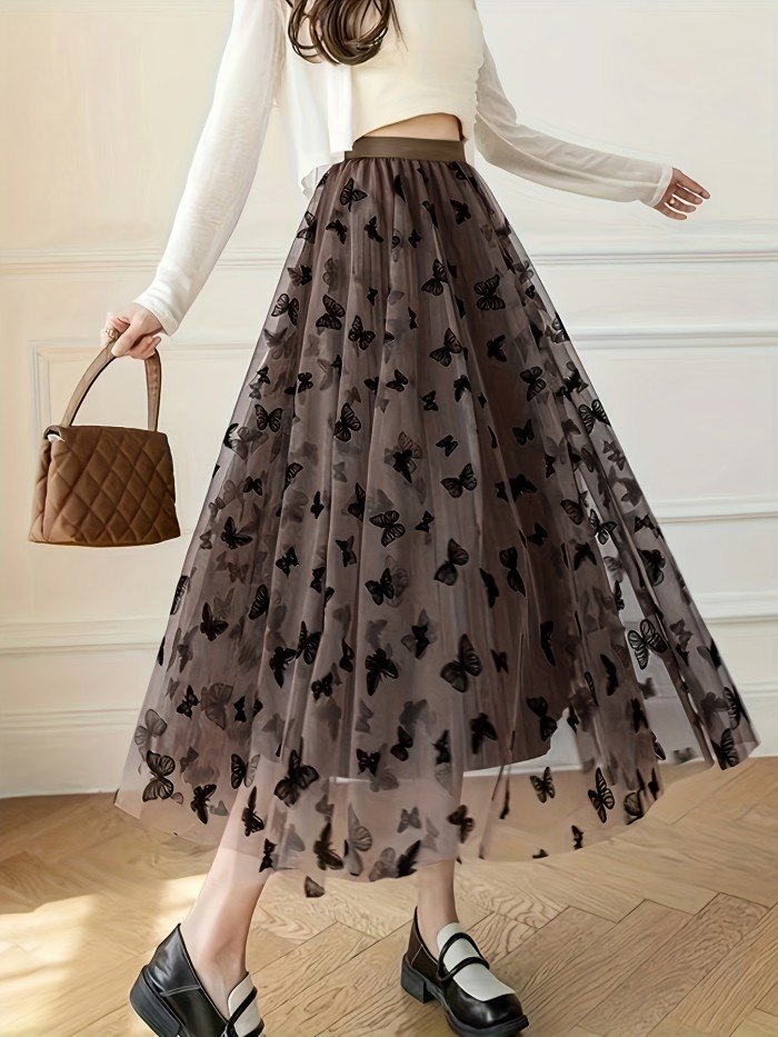 Butterfly Print Pleated Skirts, Elegant Maxi High Waist Skirts, Women's Clothing