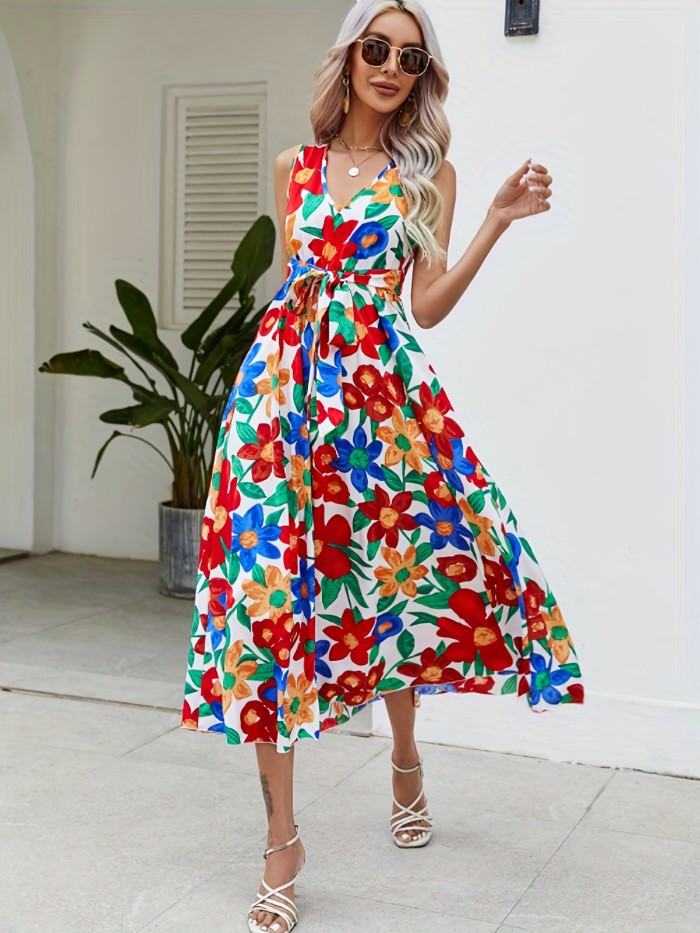 Floral Print V-neck Belted Dress, Elegant Sleeveless Summer Dress, Women's Clothing