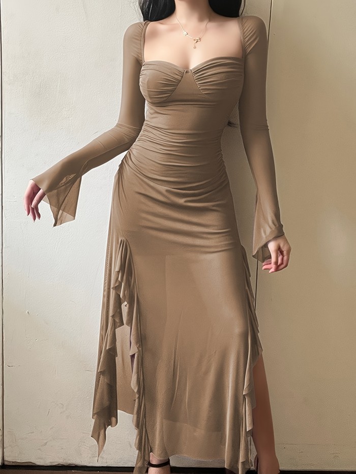 Solid Ruffle Trim Split Asymmetrical Dress, Elegant Flare Sleeve Mesh Ruched Dress, Women's Clothing