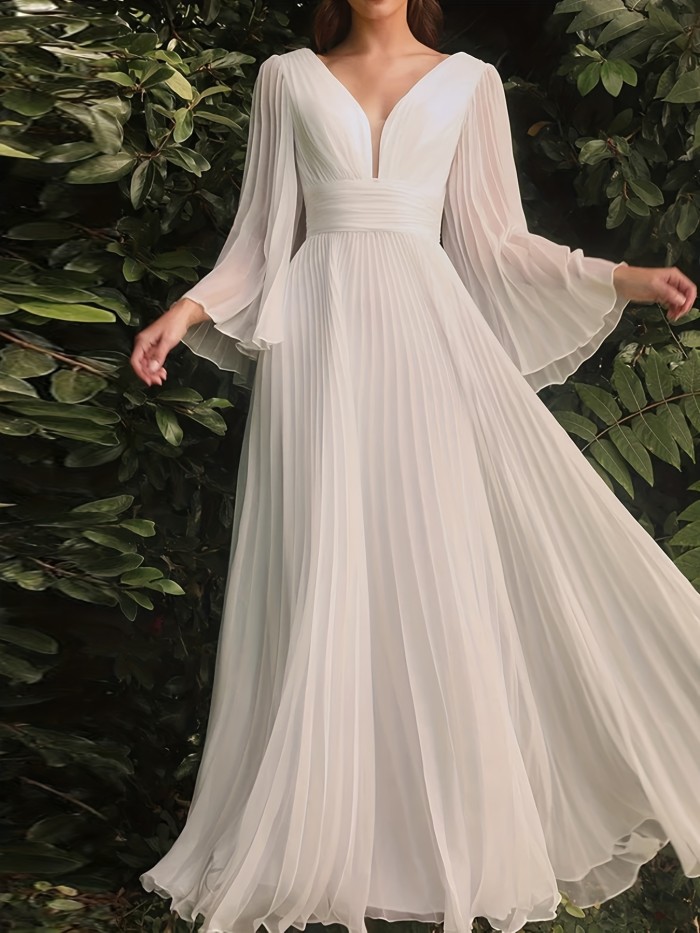 Plus Size Elegant Bridesmaid Dress, Women's Plus Deep V Neck Ruched Bell Sleeve Flowy Maxi Prom Dress