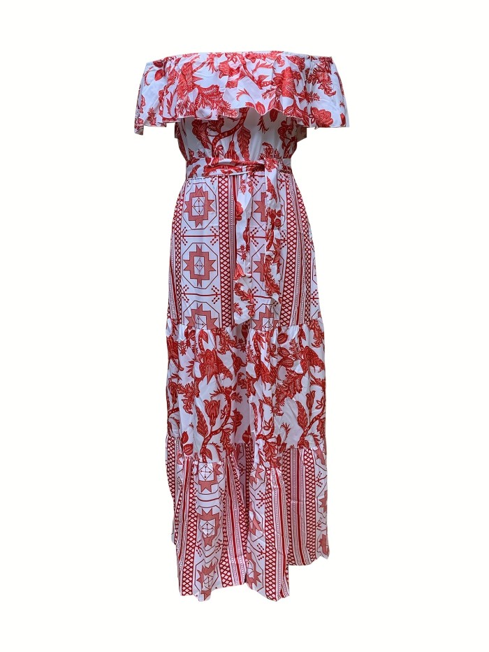 Ethnic Print Ruffle Dress, Boho Off Shoulder Short Sleeve Maxi Dress, Women's Clothing