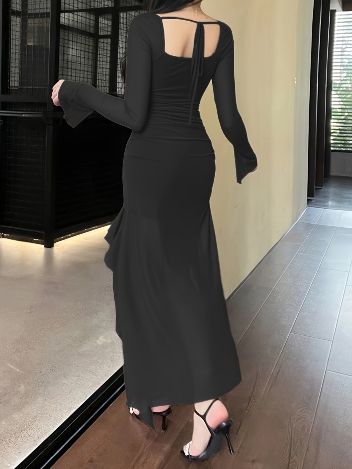 Solid Ruffle Trim Split Asymmetrical Dress, Elegant Flare Sleeve Mesh Ruched Dress, Women's Clothing