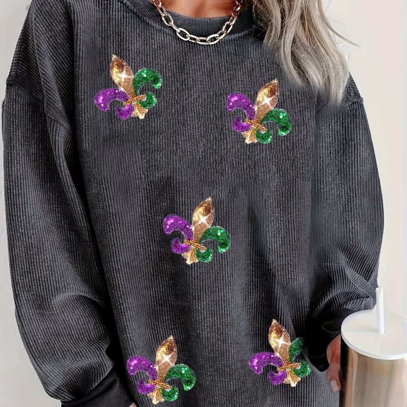 Mardi Gras Graphic Print Sweatshirt, Casual Long Sleeve Ribbed Top For Spring & Fall, Women's Clothing