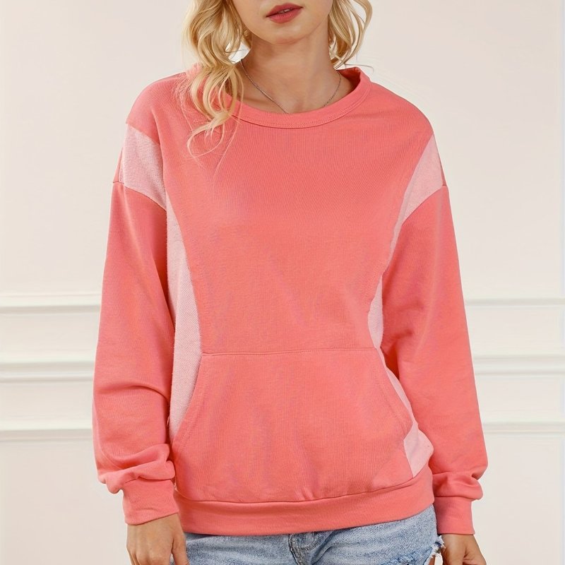 Color Block Kangaroo Pocket Sweatshirt, Casual Long Sleeve Crew Neck Sweatshirt For Spring & Fall, Women's Clothing