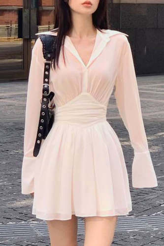Sweet Elegant Solid Buckle Turndown Collar Waist Skirt Dresses