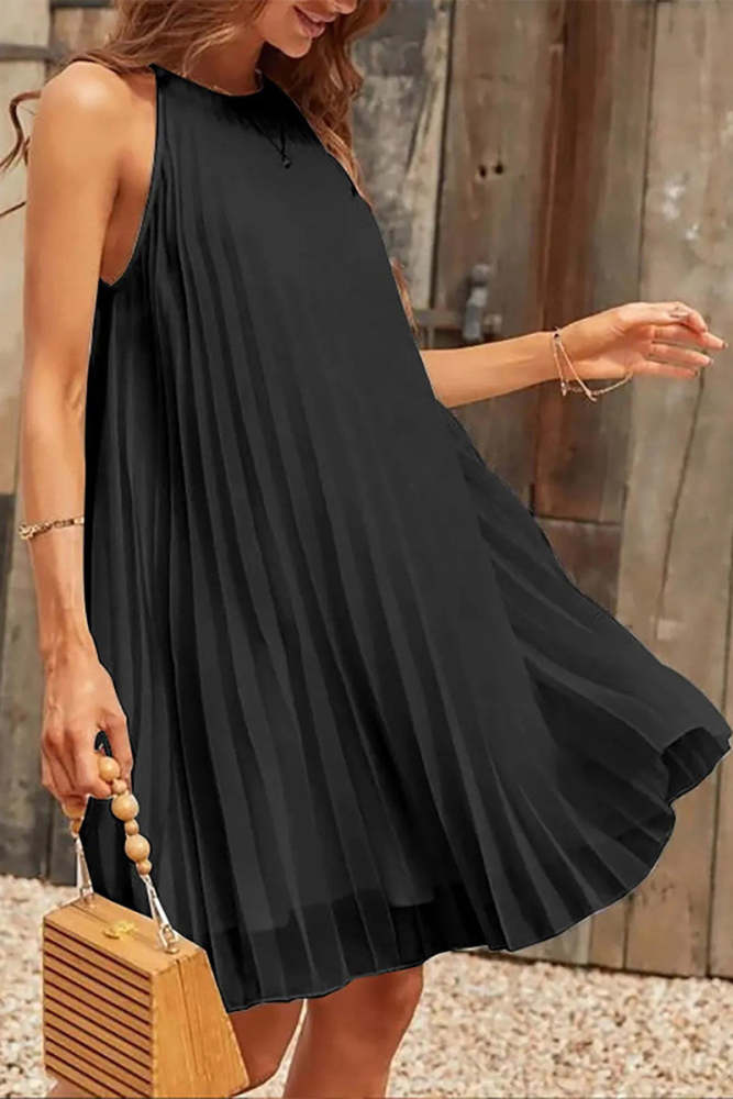 Casual Solid Fold Halter Pleated Dresses(3 Colors)