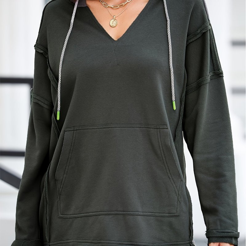 Drawstring Kangaroo Pocket V Neck Hoodie, Casual Long Sleeve Hoodies Sweatshirt For Spring & Fall, Women's Clothing