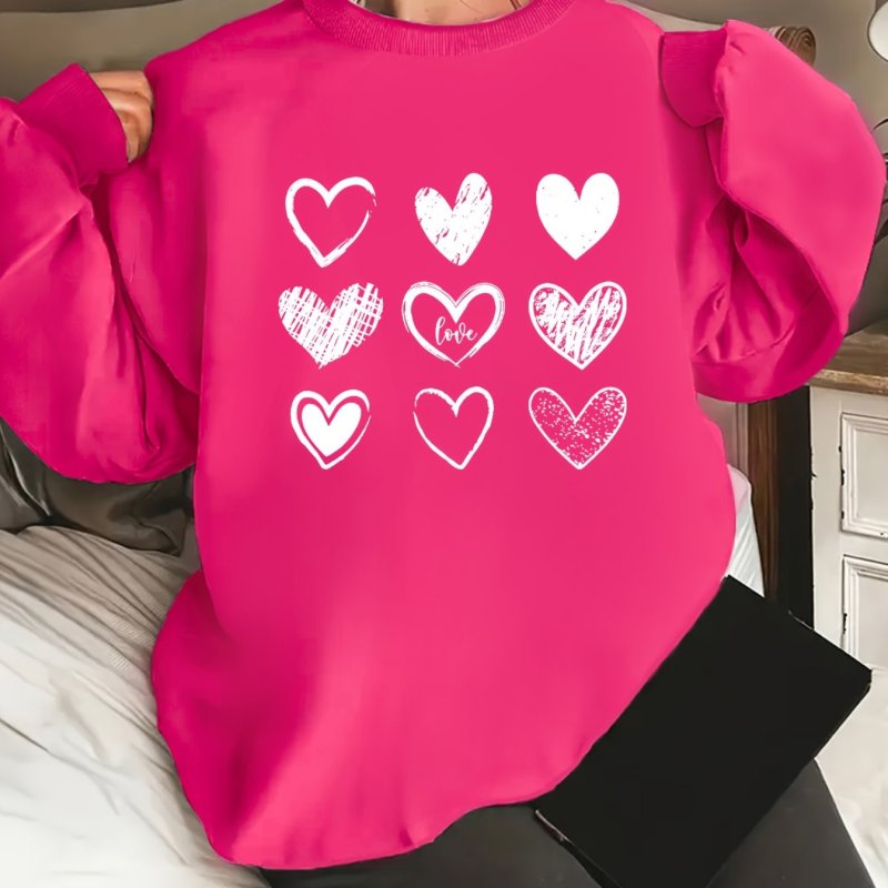 Heart Graphic Print Pullover Sweatshirts, Long Sleeve Crew Neck Casual Sweatshirt For Fall & Winter, Women's Clothing