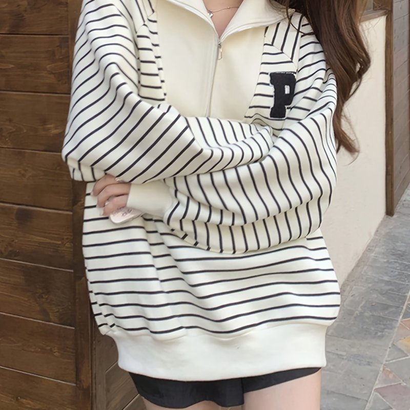 Striped Print Pullover Sweatshirt, Casual Zip Front Long Sleeve Sweatshirt For Fall & Winter, Women's Clothing