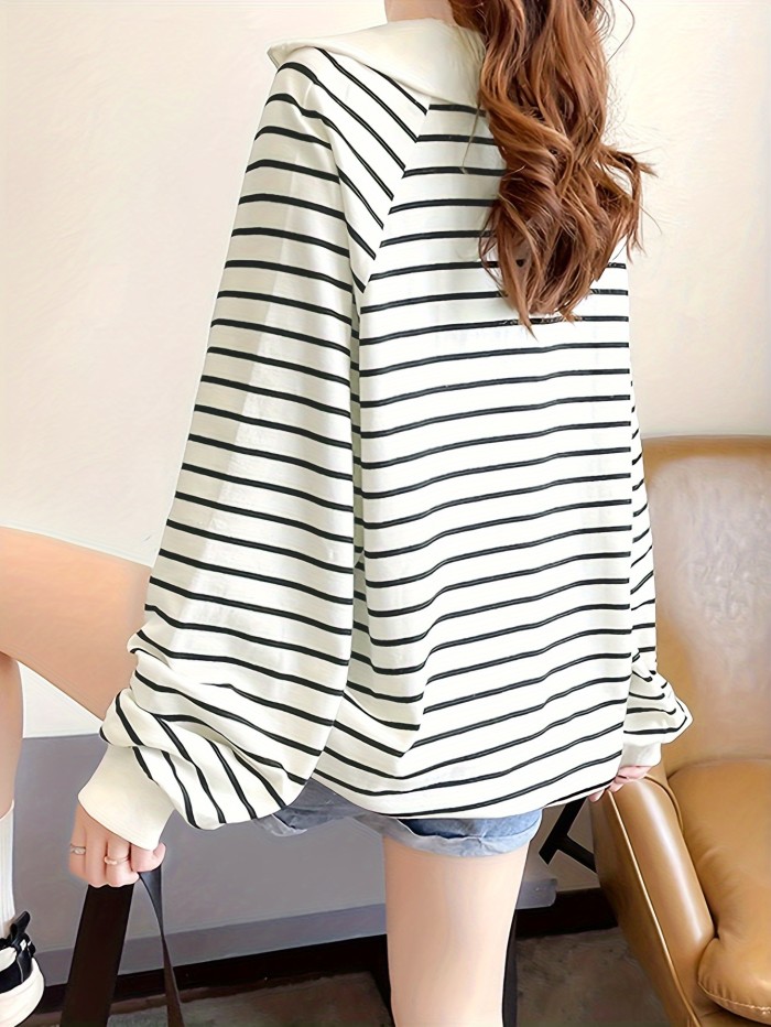 Striped Print Pullover Sweatshirt, Casual Zip Front Long Sleeve Sweatshirt For Fall & Winter, Women's Clothing