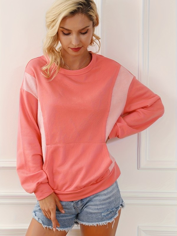 Color Block Kangaroo Pocket Sweatshirt, Casual Long Sleeve Crew Neck Sweatshirt For Spring & Fall, Women's Clothing