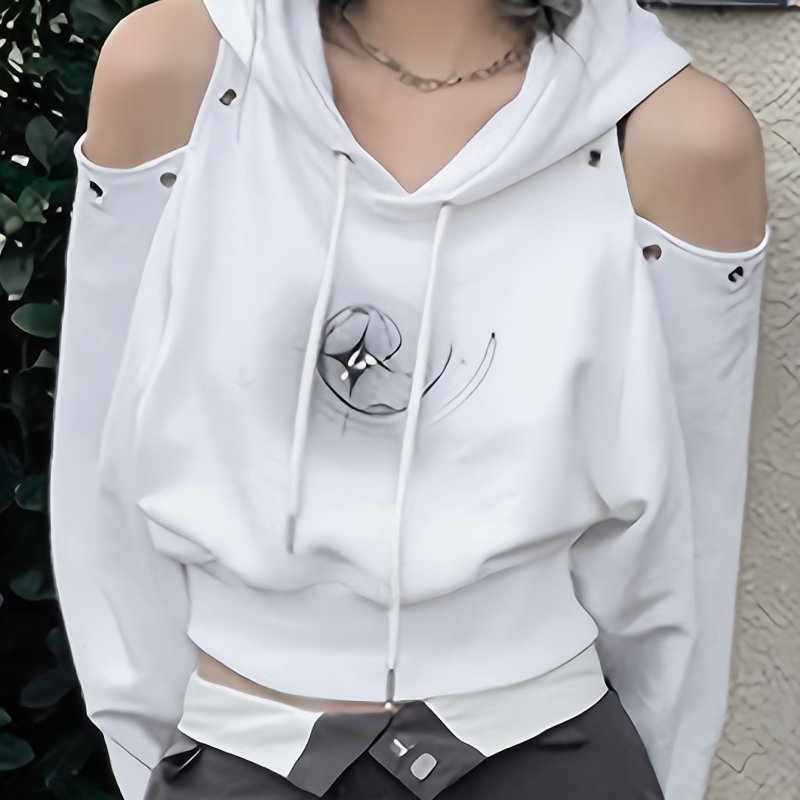 Cold Shoulder Graphic Print Hoodie, Y2K Long Sleeve Drawstring Hoodies Sweatshirt, Women's Clothing