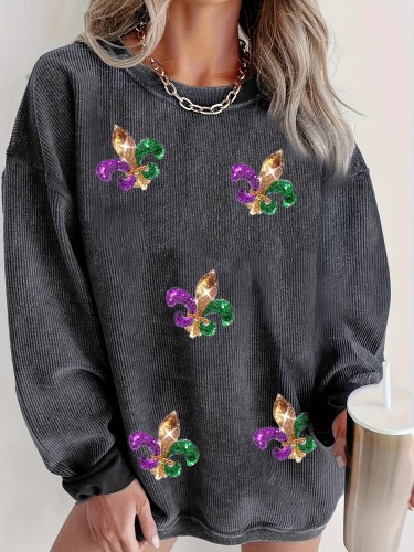 Mardi Gras Graphic Print Sweatshirt, Casual Long Sleeve Ribbed Top For Spring & Fall, Women's Clothing