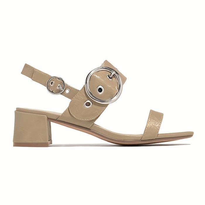 Women's Chunky Heeled Sandals, Solid Color Open Toe Metal Buckled Square Toe Comfy Sandals, Women's Fashion Footwear