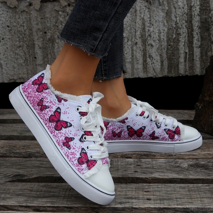 Women's Butterfly Pattern Canvas Shoes, Lace Up Low-top Round Toe Flat Classic Shoes, Casual Outdoor Comfy Footwear
