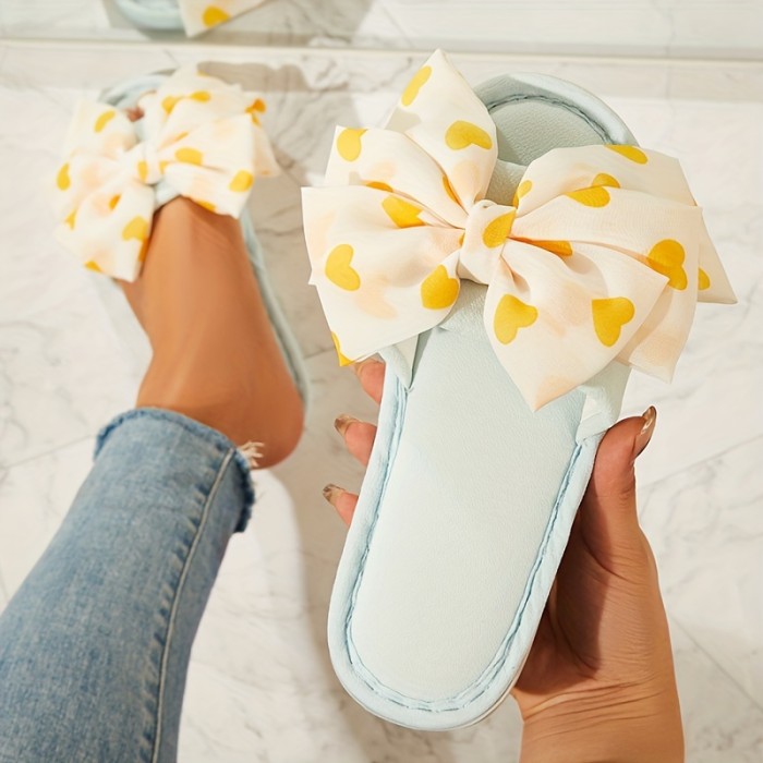 Cute Heart & Bowknot Decor Slippers, Casual Open Toe Slip On Shoes, Comfortable Indoor Home Valentine's Day Slippers