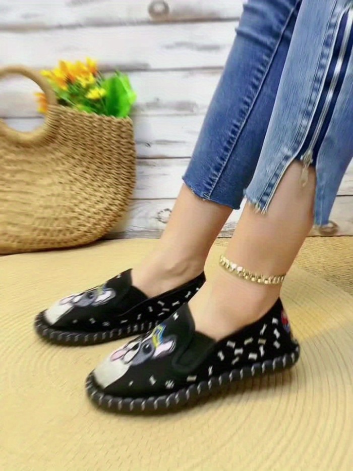 Women's Cut Dog Embroidered Flat Shoes, Casual Round Toe Slip On Canvas Shoes, Comfy Breathable Low Top Flats