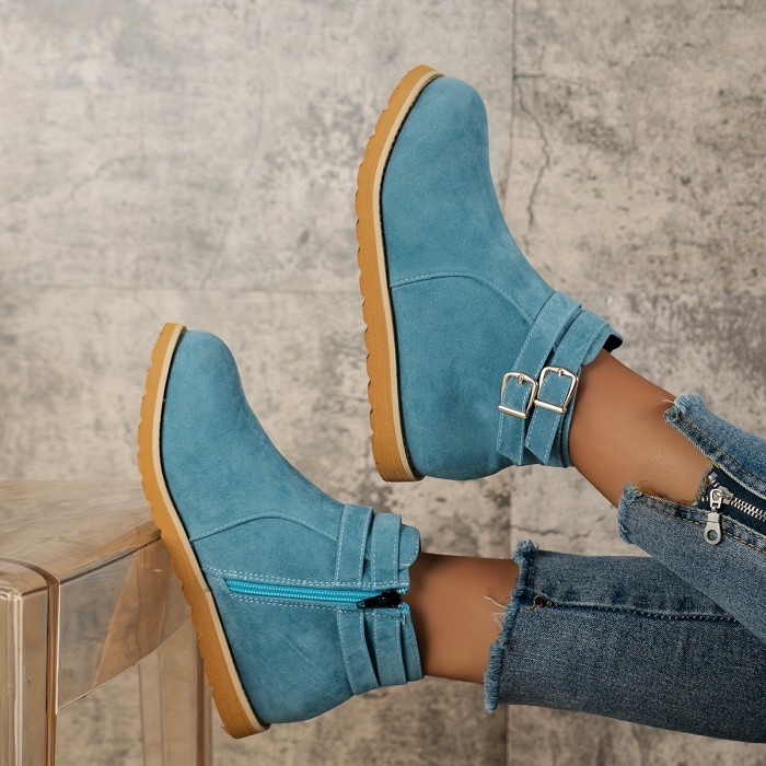 Women's Solid Color Short Boots, Casual Buckle Strap Side Zipper Boots, Comfortable Ankle Boots