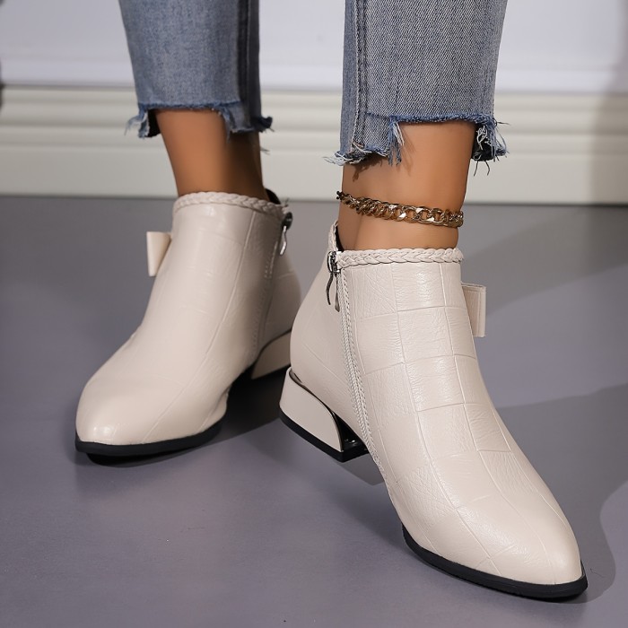 Women's Chunky Heeled Ankle Boots, Fashion Bowknot Side Zipper Short Boots, Fashion All-Match Short Boots