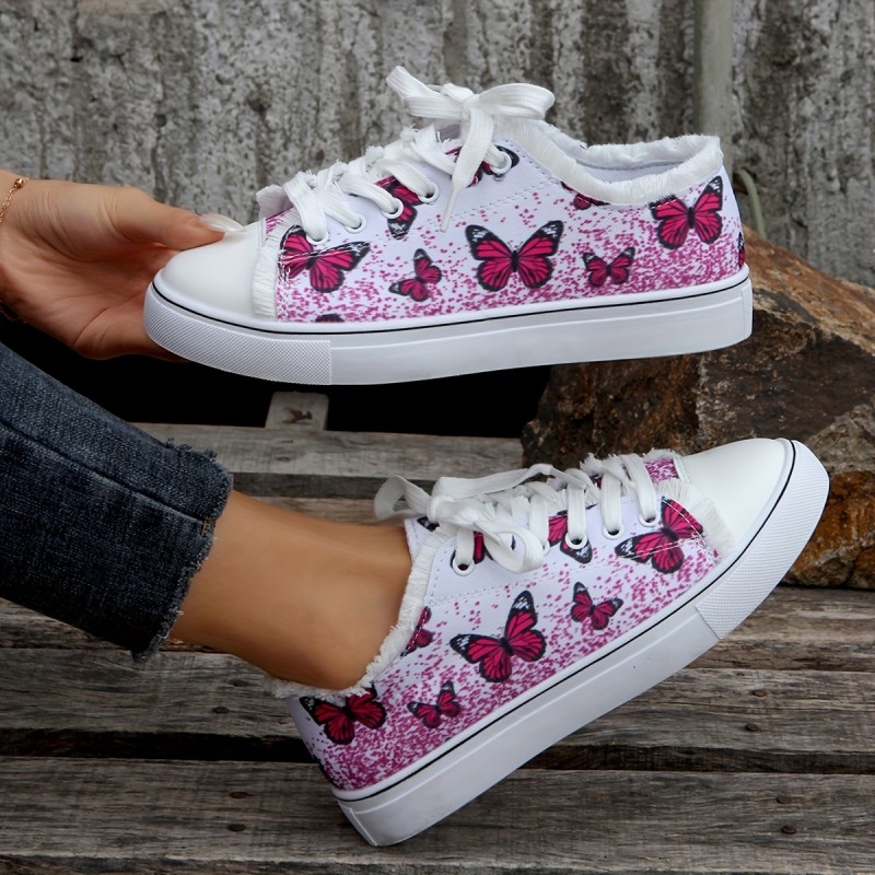 Women's Butterfly Pattern Canvas Shoes, Lace Up Low-top Round Toe Flat Classic Shoes, Casual Outdoor Comfy Footwear