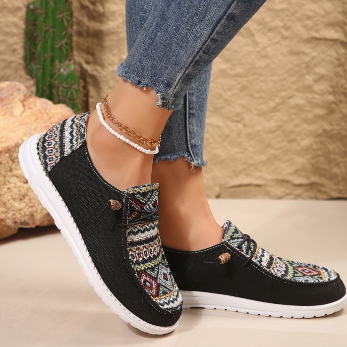 Women's Geometric Pattern Loafers, Soft Sole Lightweight Slip On Casual Shoes, Low-top Walking Canvas Shoes