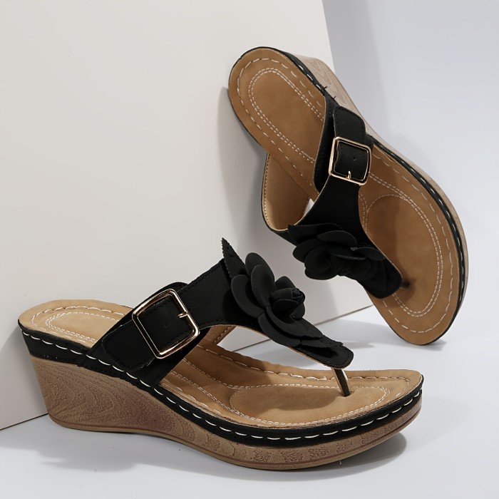 Women's Flower Decor Sandals, Solid Color Slip On Light Wedge Thong Sandals, Summer Comfy Women's Shoes