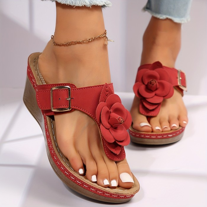 Women's Flower Decor Sandals, Solid Color Slip On Light Wedge Thong Sandals, Summer Comfy Women's Shoes