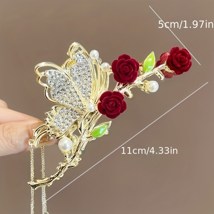 Delicate Long Faux Pearl Tassel Hair Claw, Butterfly Rhinestone Vintage Claw Clip, Women Girls Princess Style Hair Accessories, Ideal Choice For Valentine's Day Gift