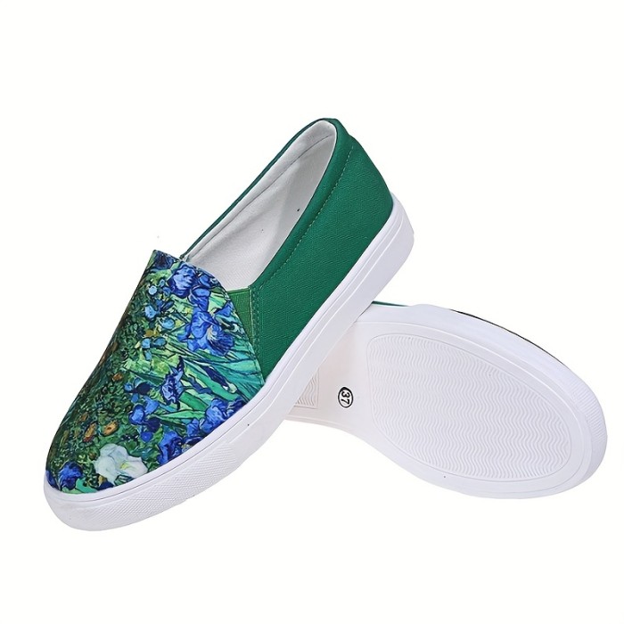 Women's Green Landscape Print Loafers, Casual Slip On Low Top Canvas Shoes, Fashion Walking Sneakers St. Patrick's Day