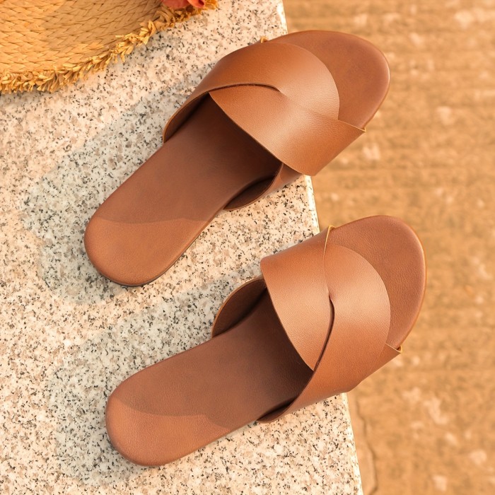 Women's Solid Color Slide Sandals, Casual Open Toe Flat Summer Shoes, Lightweight Slide Sandals