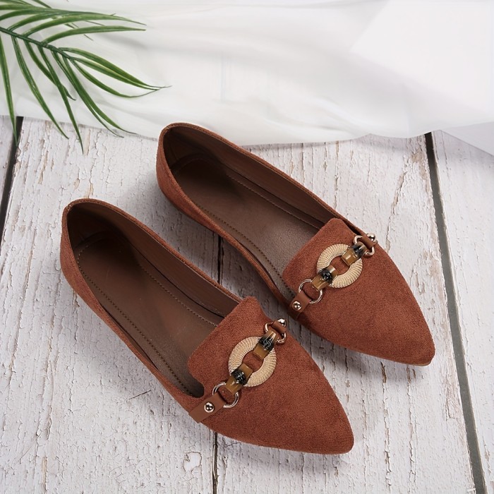 Women's Ethnic Buckle Decor Flat Shoes, Casual Pointed Toe Soft Sole Shoes, Comfy Slip On Flats