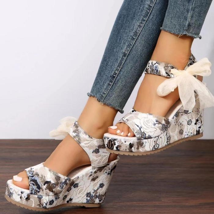 Women's Wedge Open Toe Sandals, Floral Print Ankle Strap Lace-up Bowknot Shoes, Platform Shoes