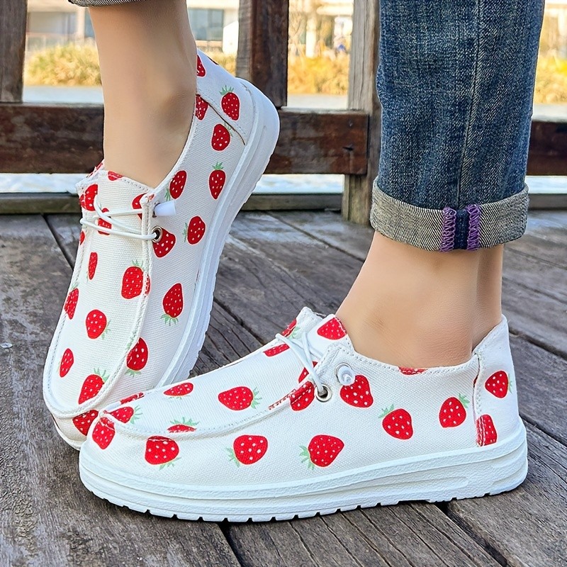 Women's Cute Strawberry Print Loafers, Lightweight Slip On Flat Soft Sole Stylish Shoes, Low-top Walking Canvas Shoes