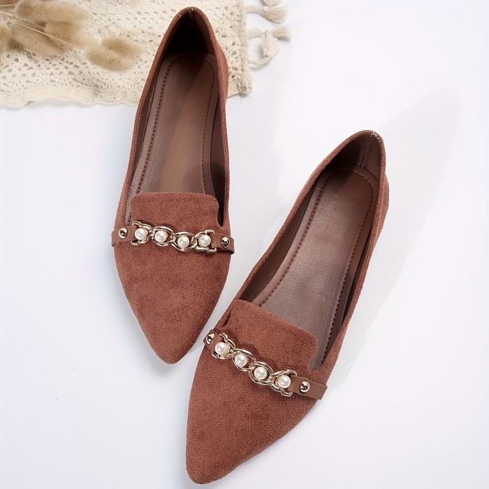 Women's Gentle Solid Color Flats, Faux Pearl & Chain Decor Lightweight Slip On Ballets, Point Toe Dress Shoes